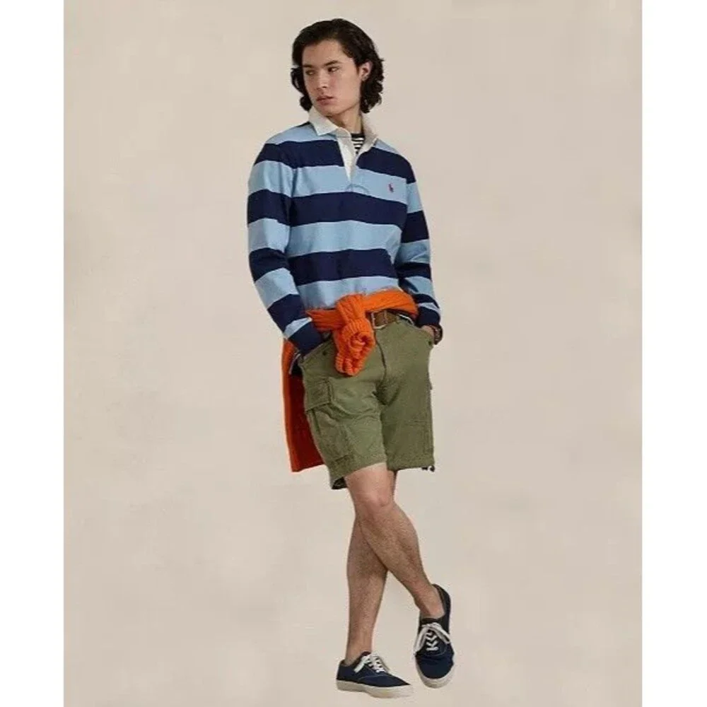 NWT Polo Ralph Lauren Light Blue & Navy Striped Sz Large Mens Rugby Long Sleeve